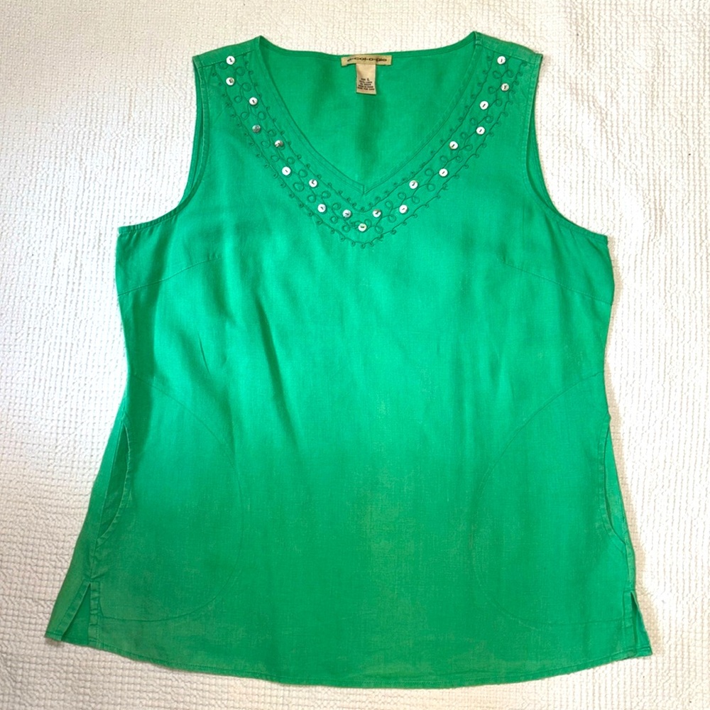 Ecologie Linen Sleeveless V-neck Top with Pockets, Large, EUC, Shell Buttons